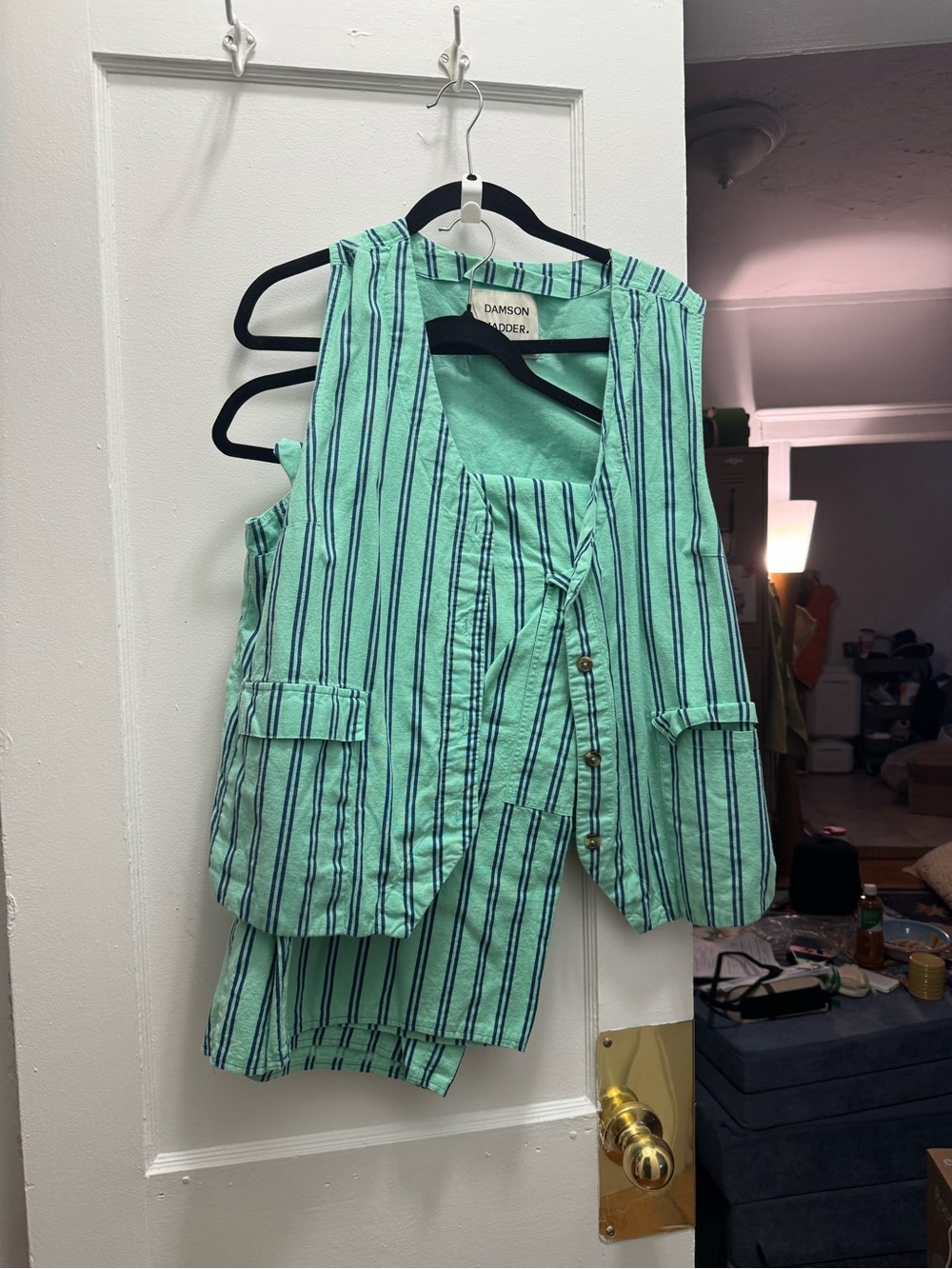 Damson Madder Mint Green Striped Sleeveless Vest & Shorts Set
